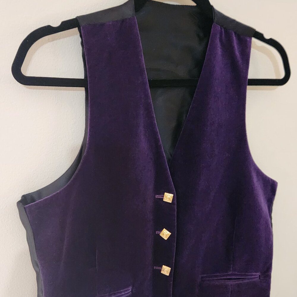 Vintage Prince Charlie Purple Velvet Straight Hem Gold Buttoned Waistcoast Vest - Picture 7 of 12